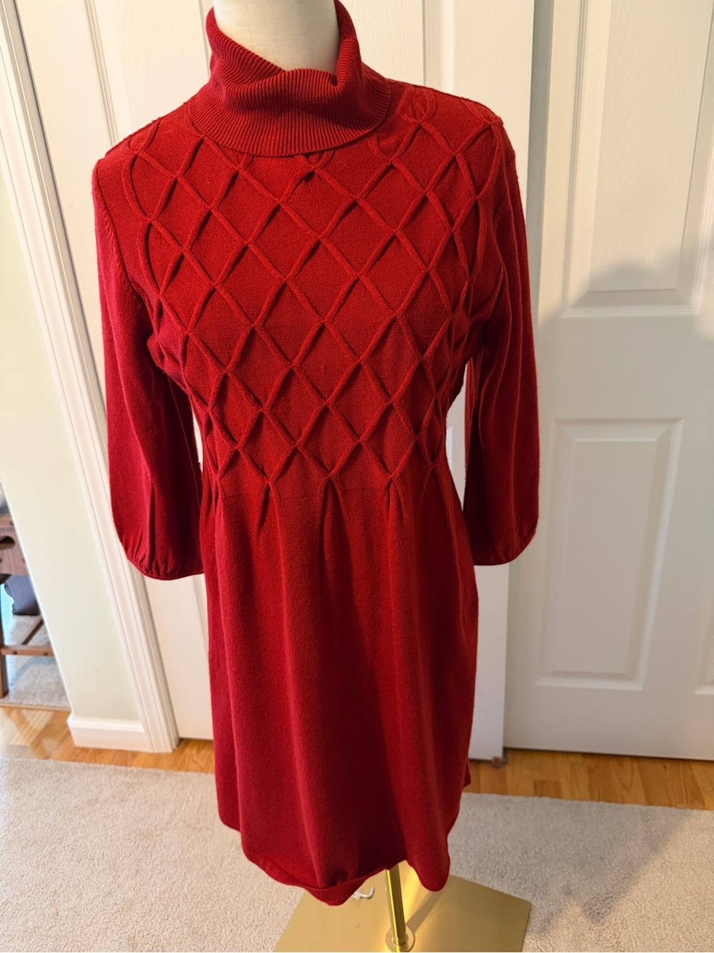 AGB Red Turtleneck Diamond-Knit A-Line Dress